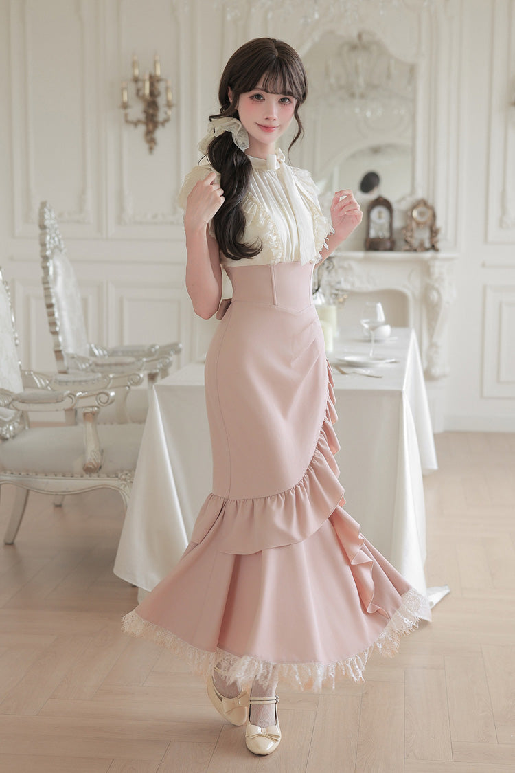 Blush & White Round Collar Short-Sleeve Ruffled Bow Lace Color-Blocked Boned Sweet Lolita Dress