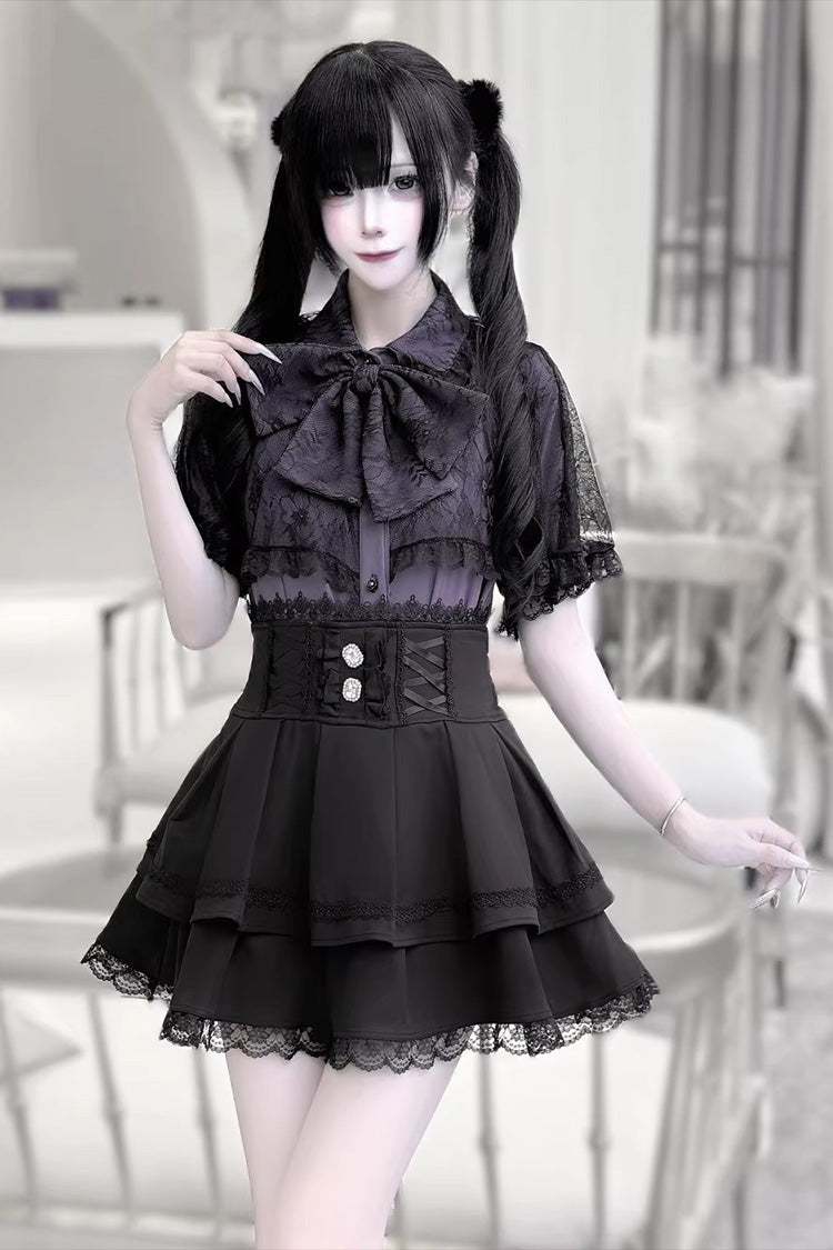 Dark Moon Shadow Double Layered Ruffled Embroidered Lace Up Gothic Lolita Set