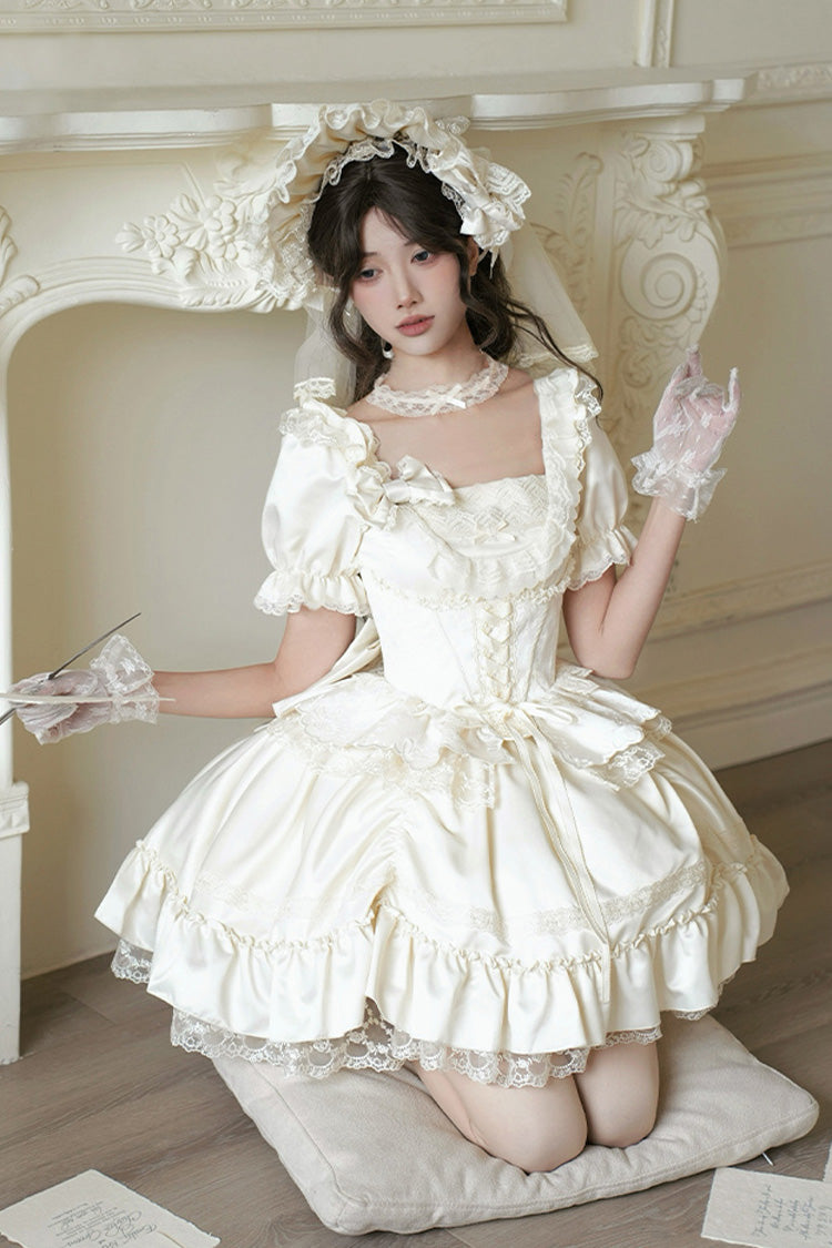 Ivory Square Neck Ruffle Bridal Bow Elegant Gown