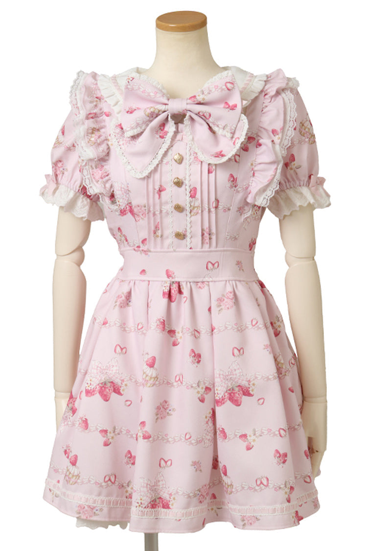 Creamy Berry Print Puff-Sleeve Lace-Up Sweet Jirai Japanese Dress - Pink