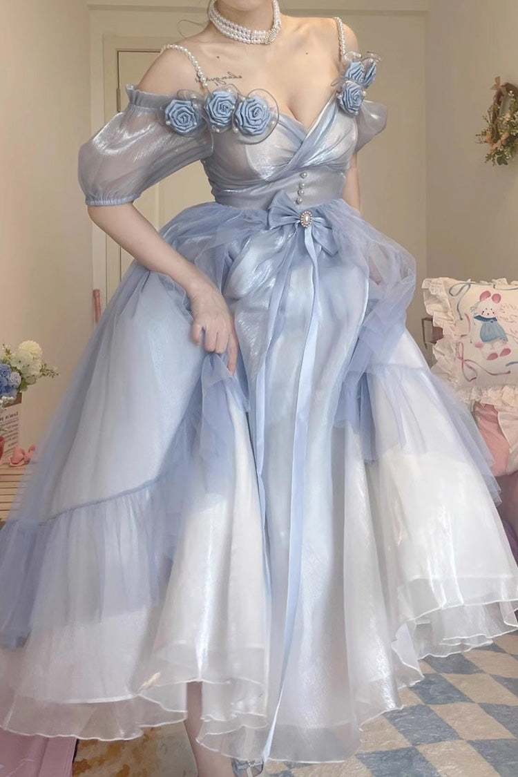 Azure Bow-Adorned Plus Size Elegant Princess Sweet Lolita Gown