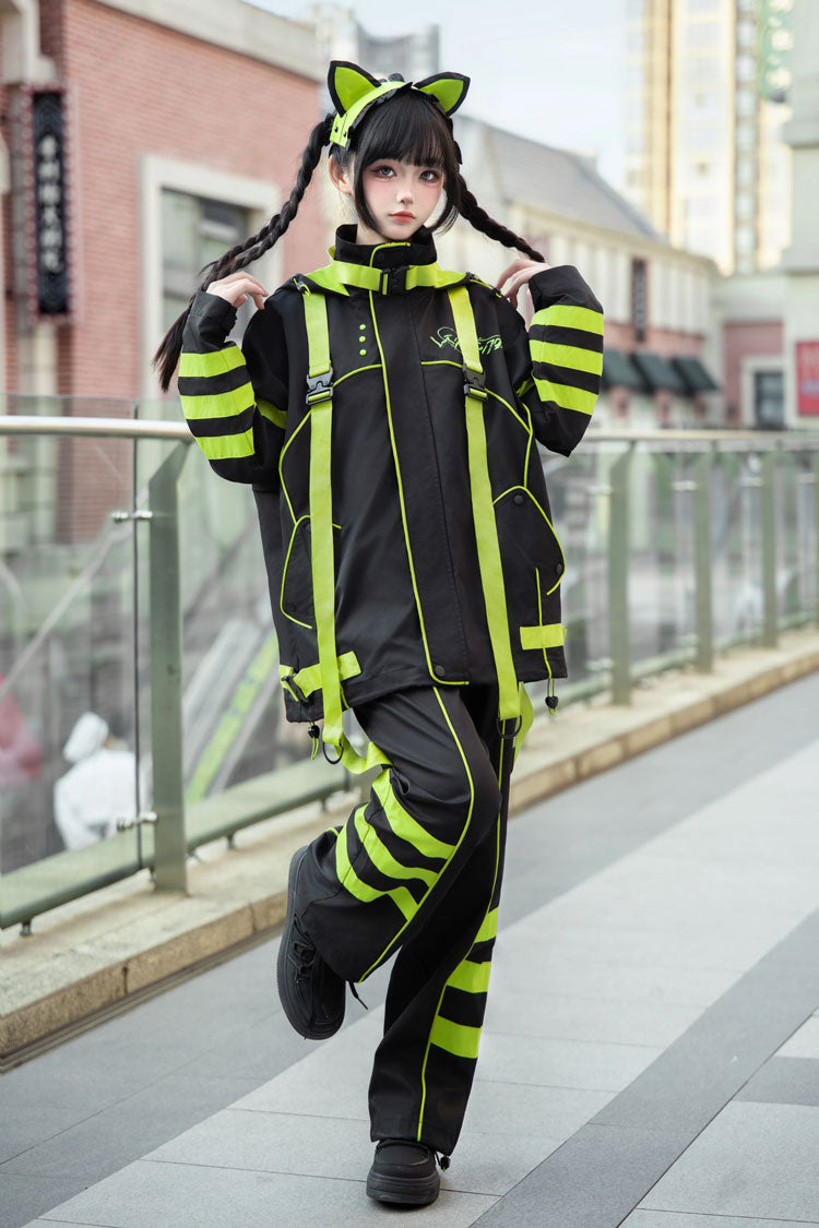 Yellow/Green/Black Long Sleeve Cat Ear Hooded Jirai Kei Coat