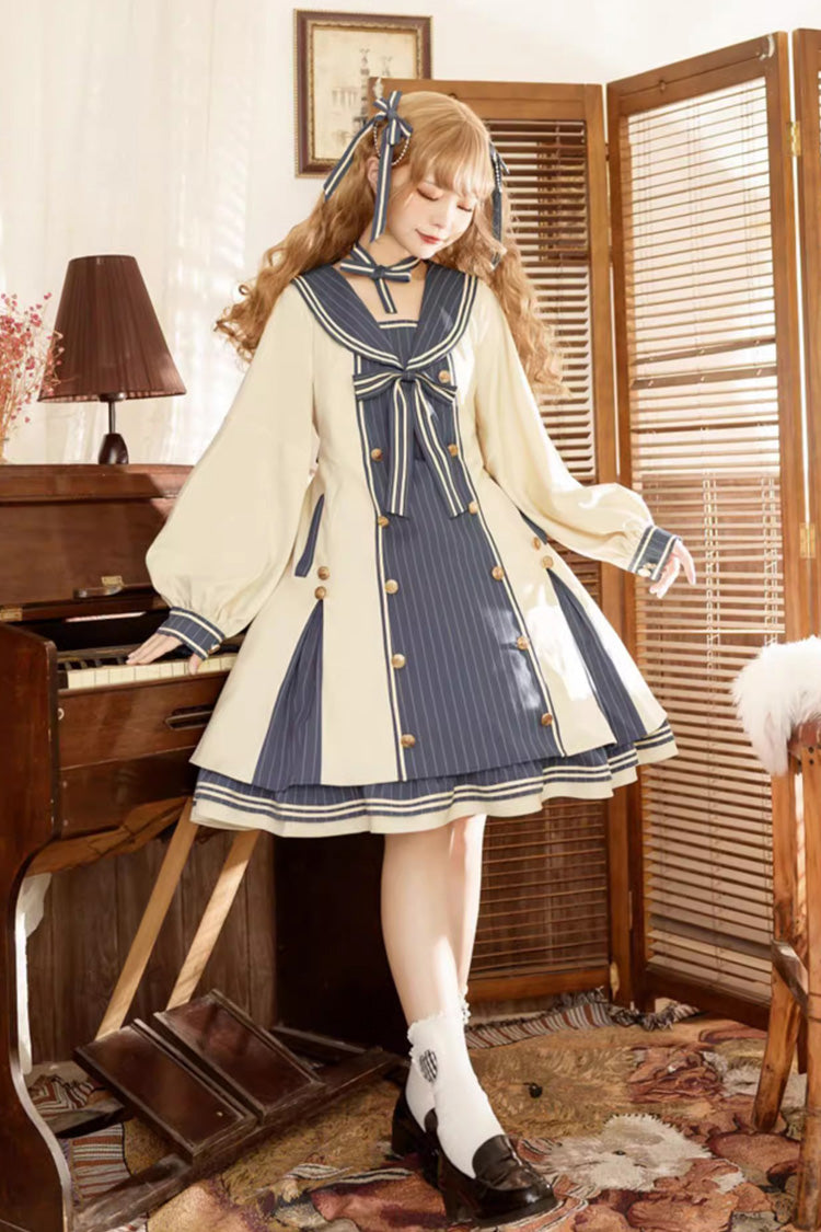 Navy Collar Long Sleeve Print Ruffle Sweet Plus Size Lolita Dress Blue Apricot