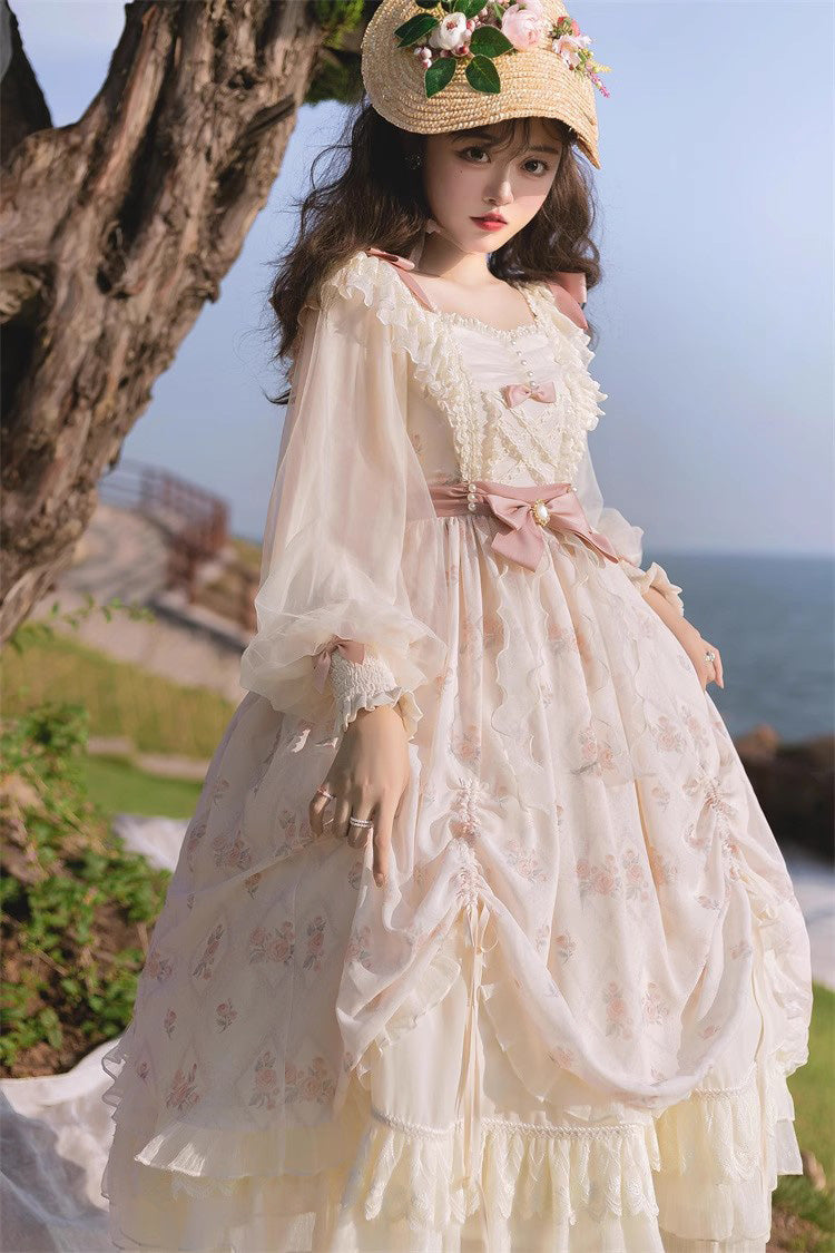 Ivory Letter Print Ruffle Bowknot Casual Elegant Lolita Dress