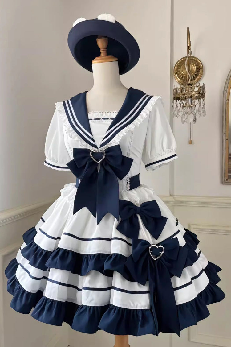 Dark Blue Double Layer Ruffled Sweet Lolita Dress - Short Sleeved Lace