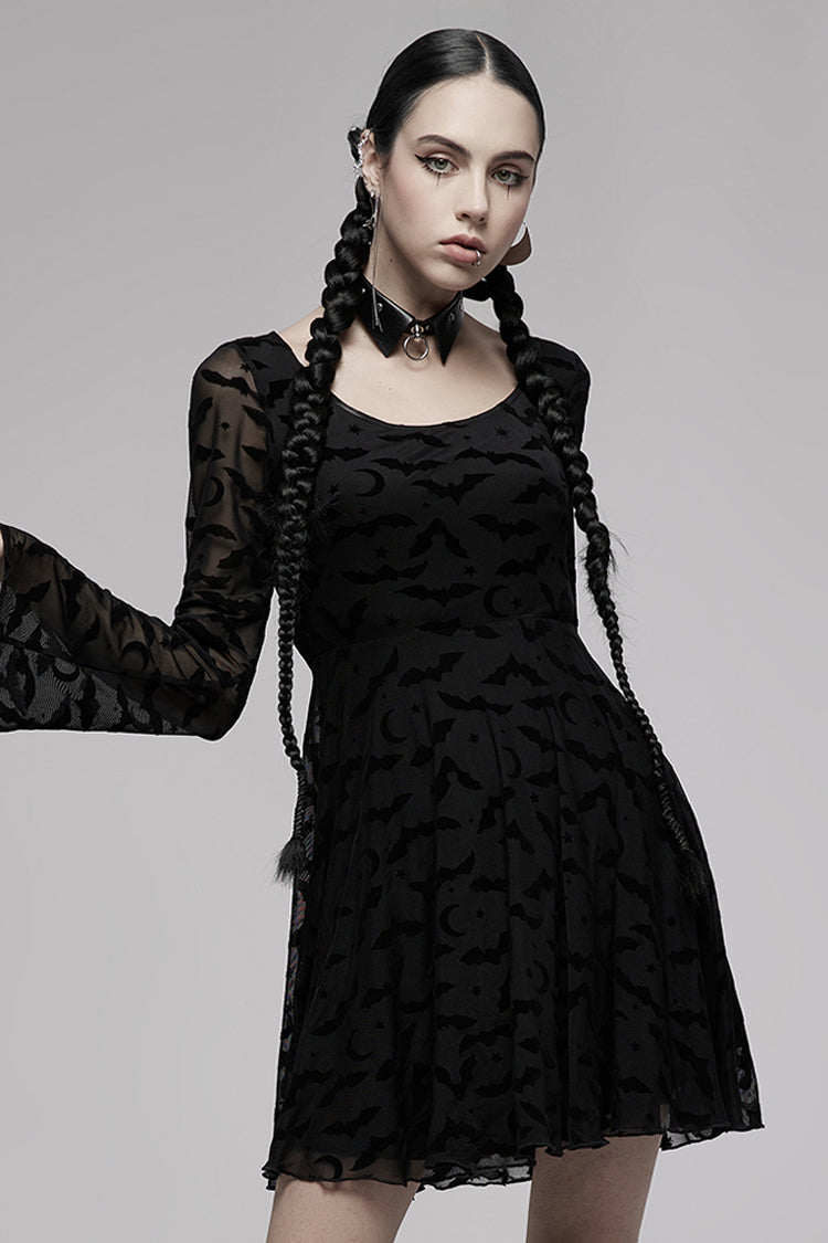 Minimalist Flared Sleeve Bat Moon Flocking Print Long Dress