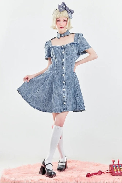 Azure Denim Sweet OP with Single-Breasted Ruffled Sleeves