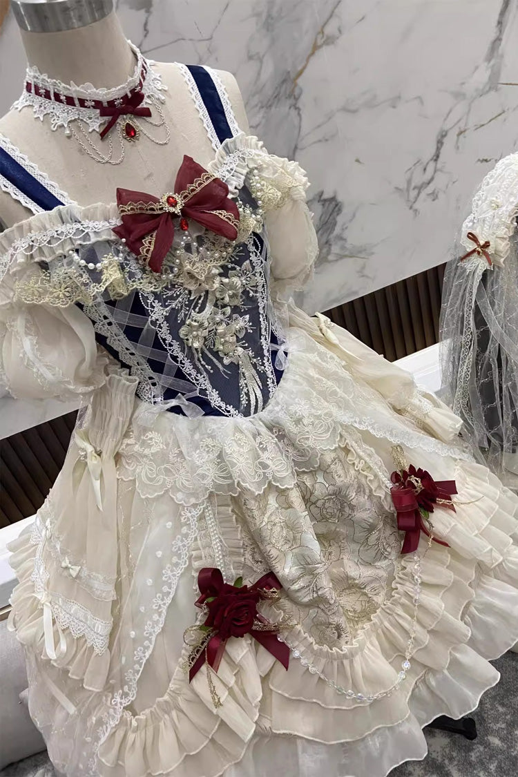 Blue and Ivory Off-Shoulder Lolita Dress with Ruffle and Bowknot Sweet Style