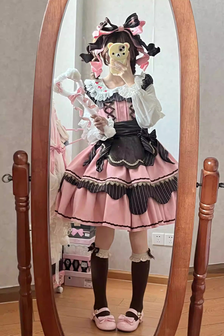 Irregular Sweet Dress with Double-Layered Print and Bow Lace-Up - Strawberry and Mint Chocolate