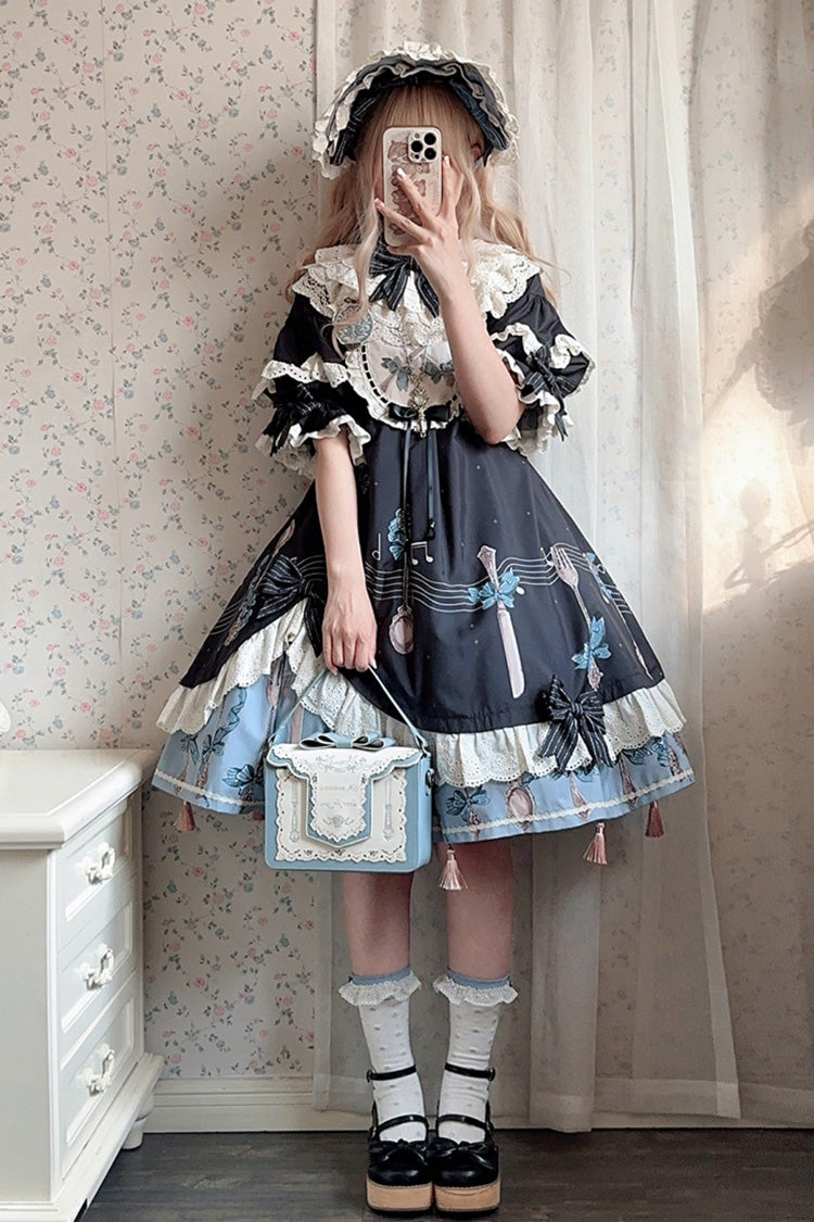 Navy Witch's Banquet Round-Collar Short-Sleeve Printed Ruffled Embroidered Bow Asymmetric Sweet Lolita Dress