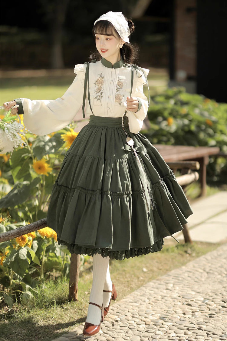 White/Green Country Sunflower Sweet Two-Piece Skirt Set - Sweet Lolita