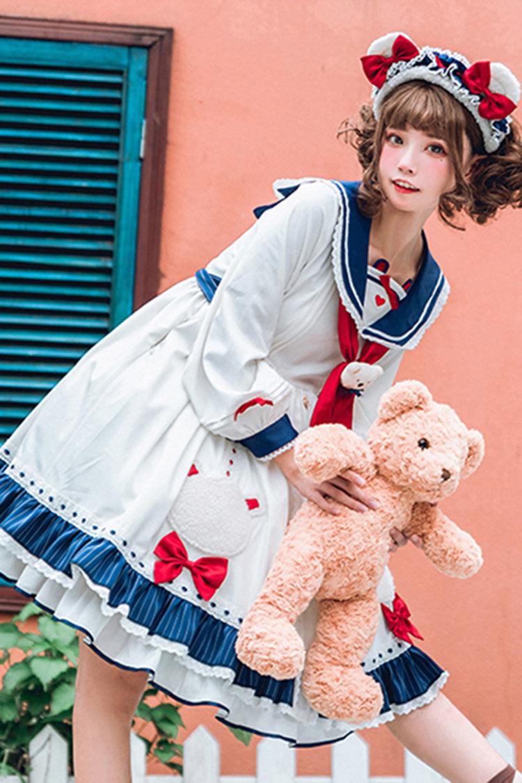 White Sweet Lolita OP Dress with Navy Collar and Bear Print Ruffles - Altfashion Shop