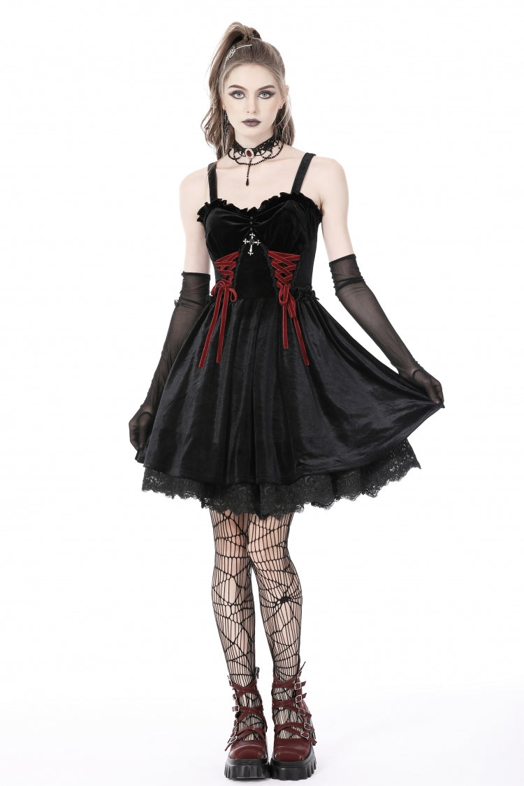 Crimson & Black Cross Lace-Up Velvet Slip Dress