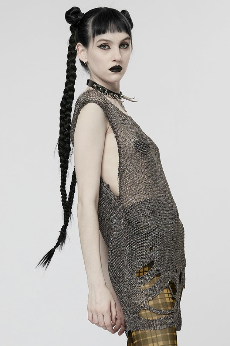 Sleeveless Mesh Ripped Steampunk Sweater