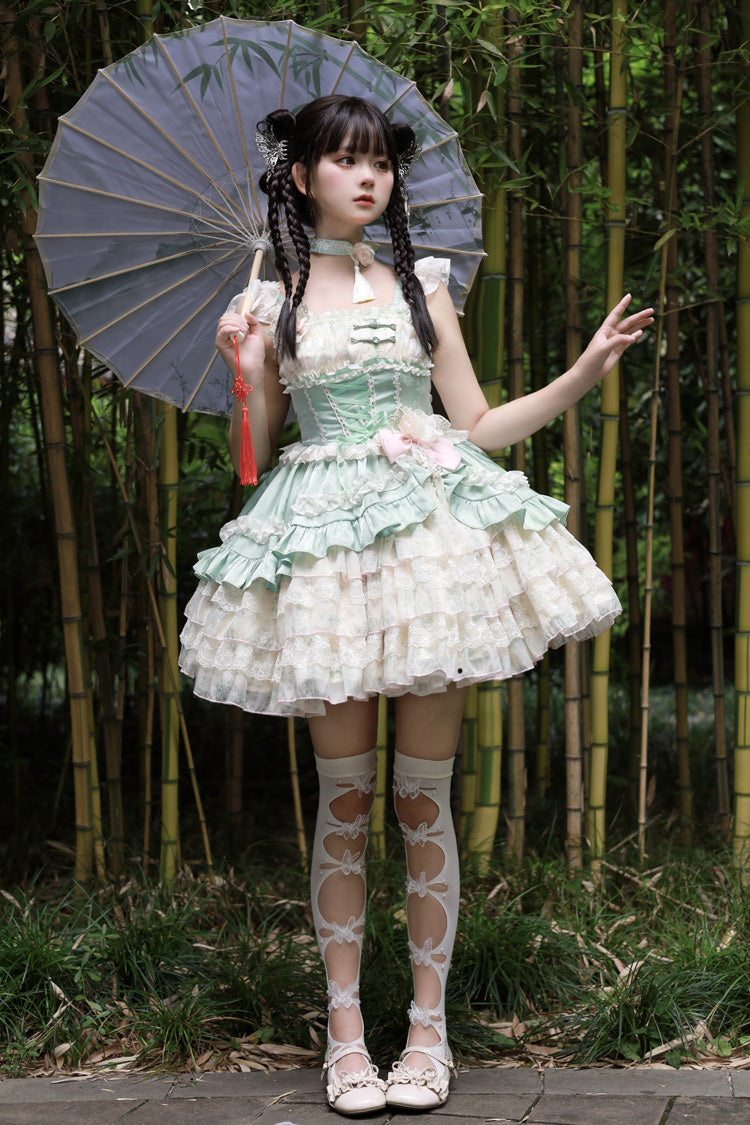 Ancient Poetry Printed Multi-Layer Sweet Lolita Tiered Dress - Chinese Style