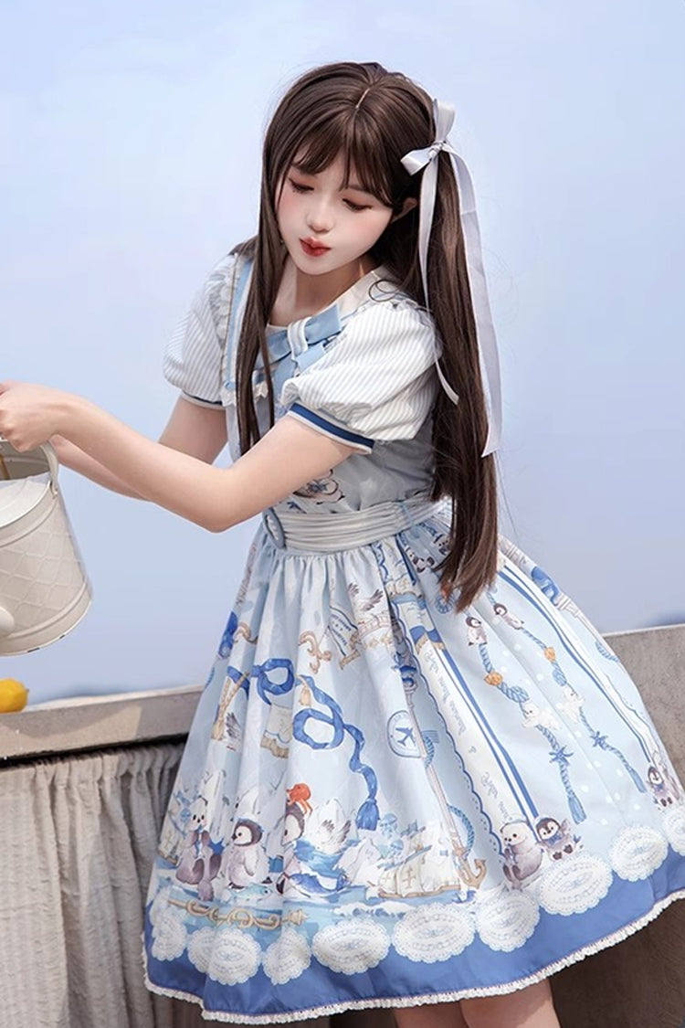 Penguin Navy Short Sleeve Print Ruffle Bow Princess Lolita Dress in Blue