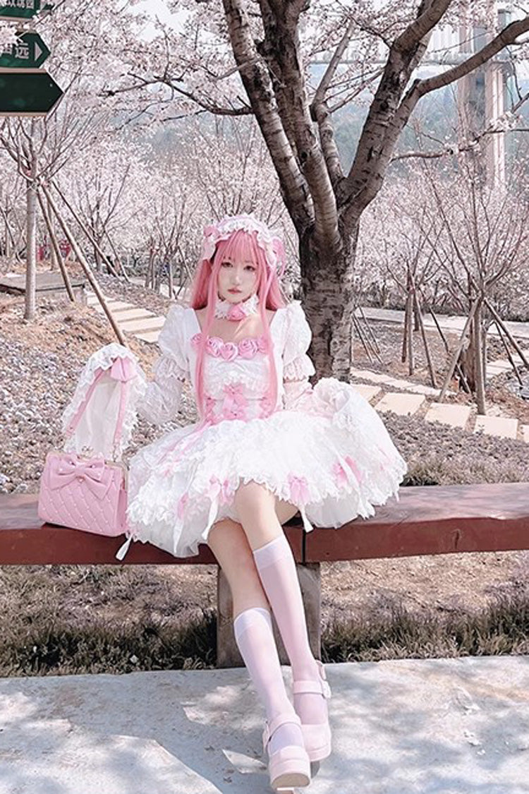 Ivory & Pink Puff-Sleeve Princess Gothic Lolita Tiered Gown