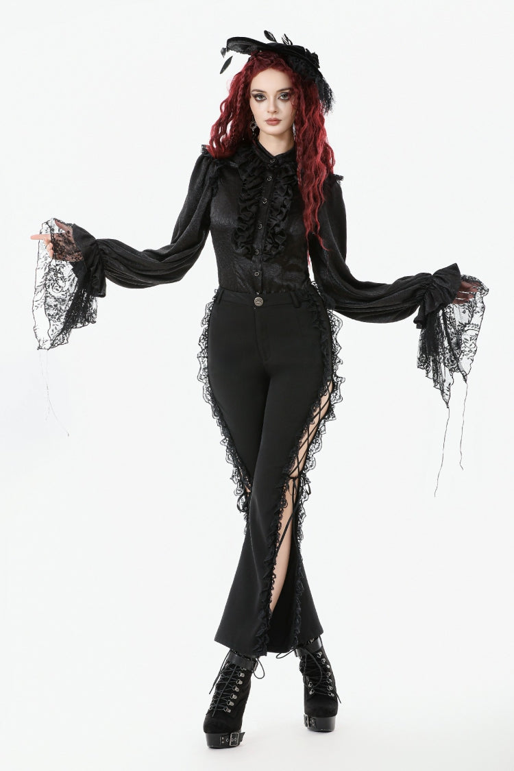 Jet-Black Gothic Blouse with Lantern Sleeves and Ruffled Lace
