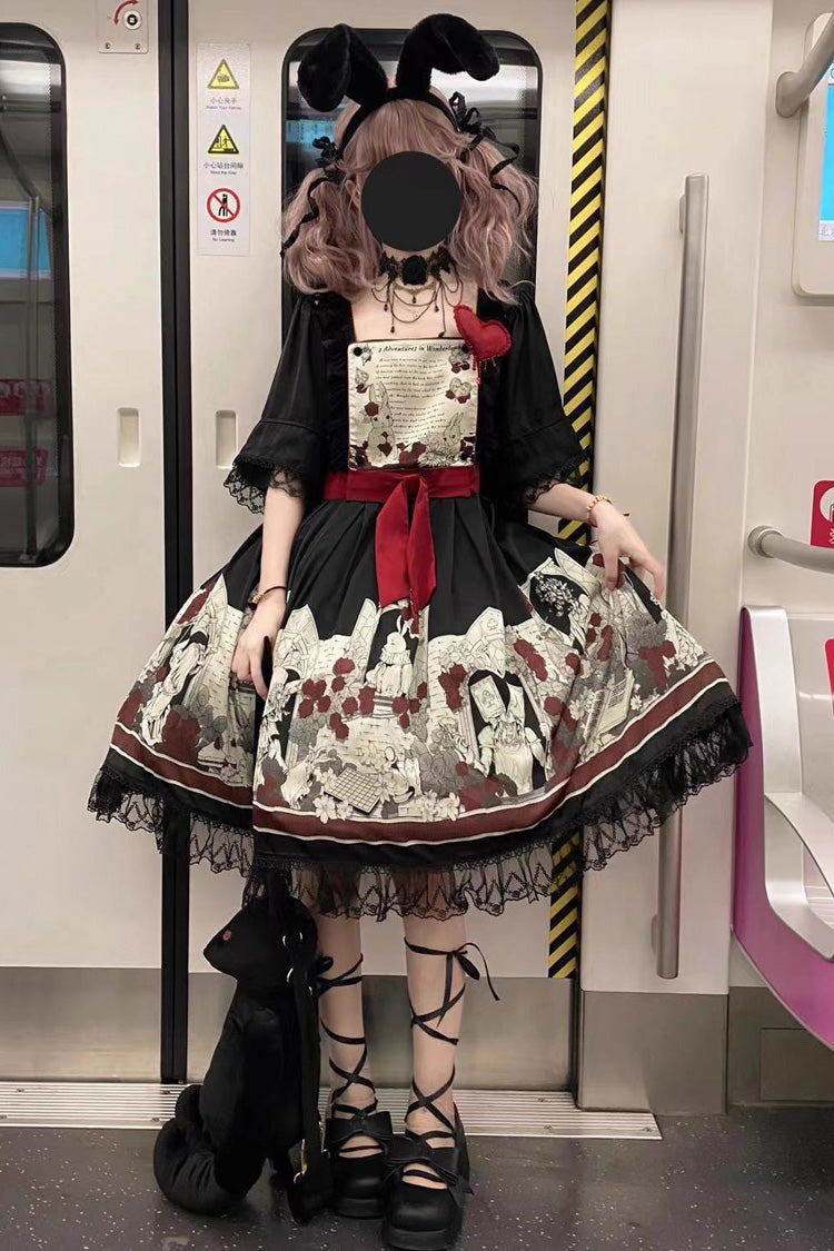 Black Print Bow Lace Gothic Lolita Dress - Two Versions