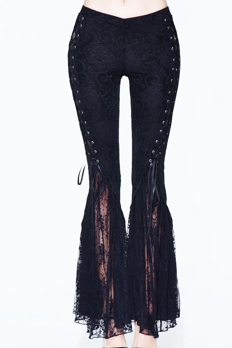 Lace-Up Flared Velveteen Gothic Pants with Pattern