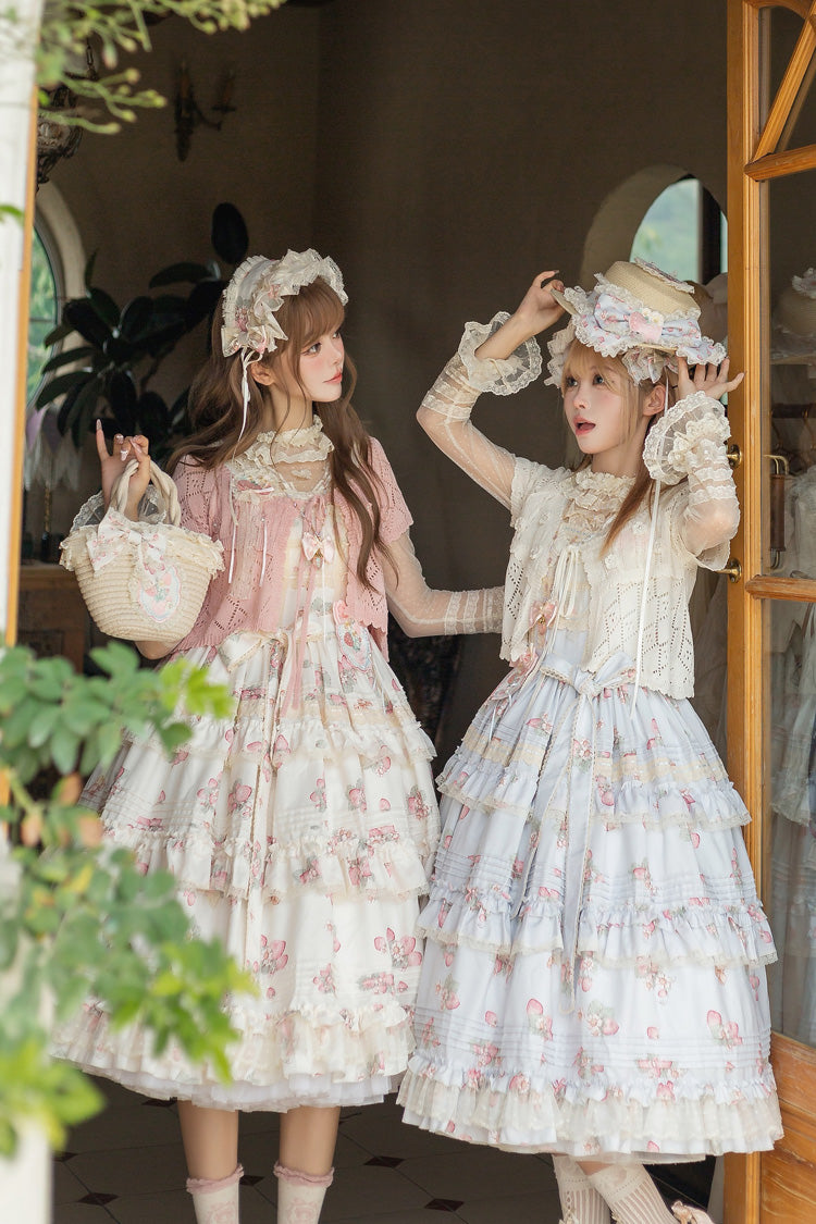 Multi-Layered Ruffled Bow Sweet JSK with Print - Strawberry Garden