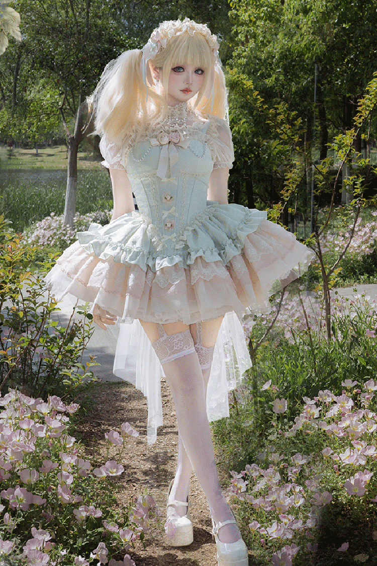 Sleeveless Multi-Layered Ruffle Bow Lace Lace-Up Princess JSK Dress in Green