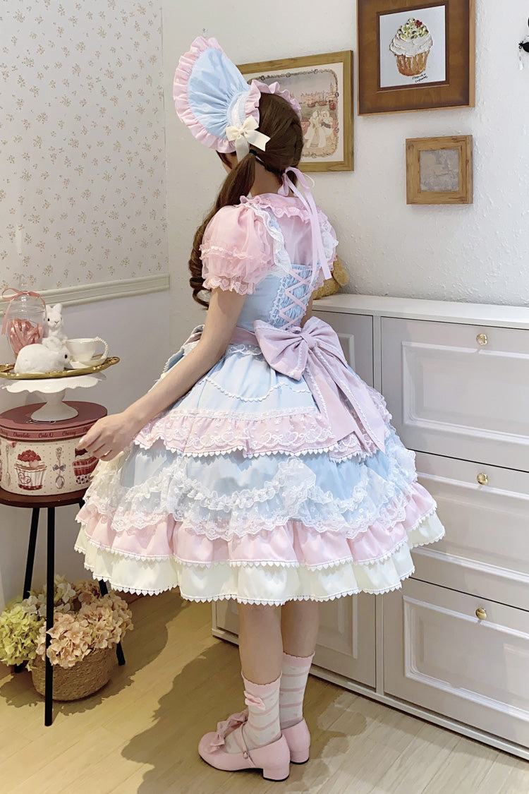Blue Pink Fondant Cake Sleeveless Layered Ruffle Bow Lace Sweet Jsk Dress