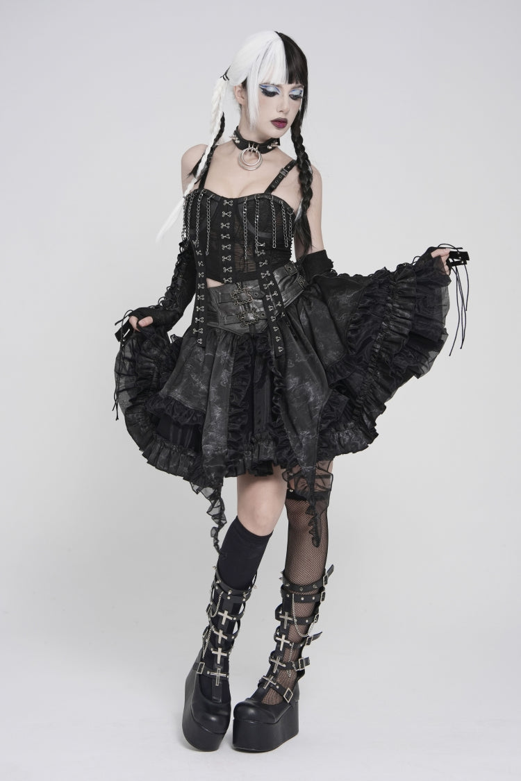 Gothic Skirt with Buckles, Pleats, and Eyelets, Black