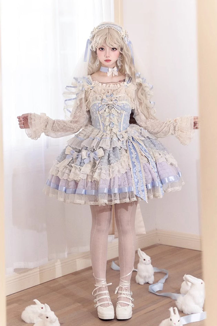 Moonstone Sleeveless Ruffle Embroidery Bow Lace Fishbone Princess Dress in Blue