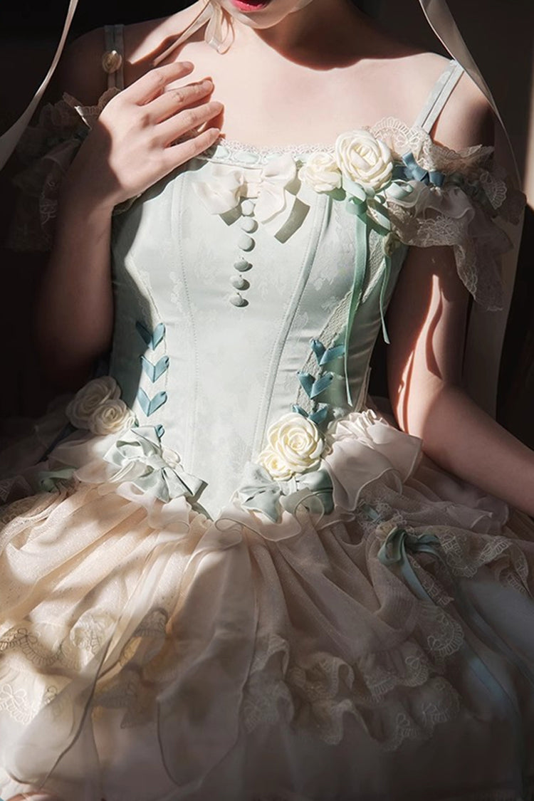 Green Off-Shoulder Bow Lace Ballet Tiered Dress