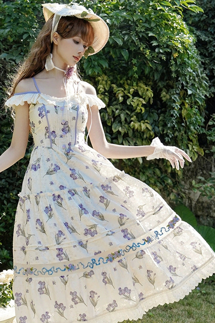 Cream Moonlight Iris Off-Shoulder Print Embroidery Lace Frilled Sweet Lolita JSK Dress