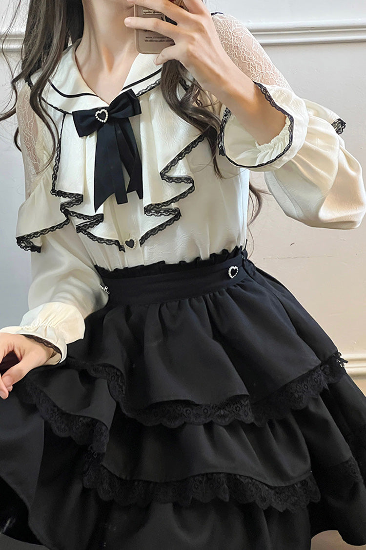 Sailor Collar Multi-Layered Ruffle Bowknot Jirai Kei Skirt Set - Black/White