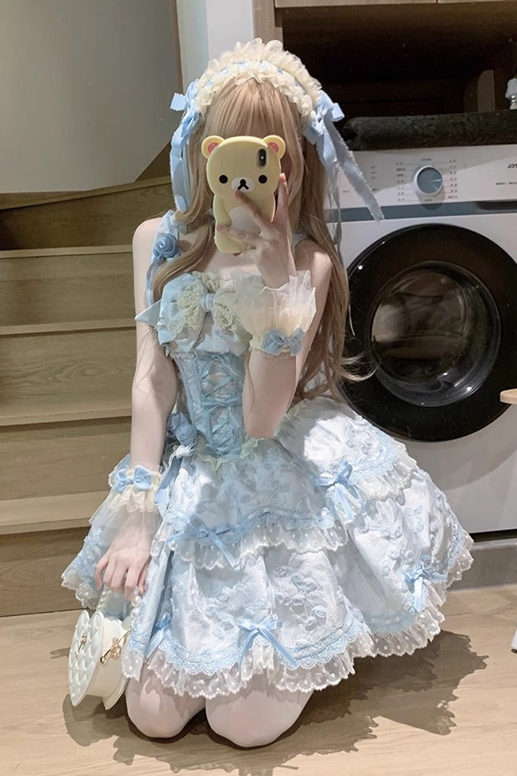 Blue Double-Layered Ruffled Embroidered Bow Lace Sweet JSK - Floral Overture