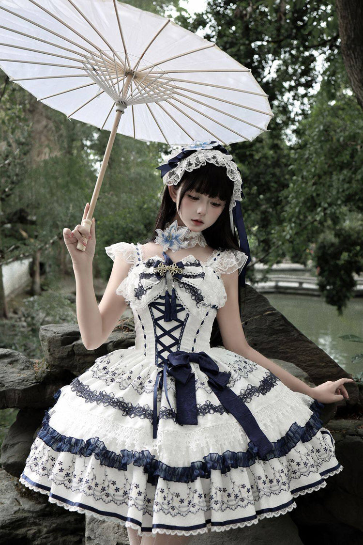 Mandarin Duck Rhapsody Sleeveless Porcelain Printed Ruffled Bow Chinese JSK