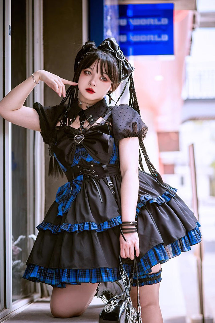 Black/Blue Sleeveless Multi-Layer Ruffle Bowknot Gothic Lolita Jsk Dress