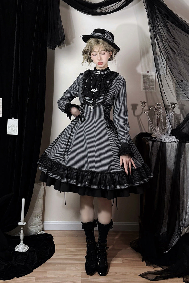 Point Manor Stand Collar Long Sleeves Multi-Layered Striped Printed Ruffled Lifted Hem Bow Gothic Lolita Dress - Black