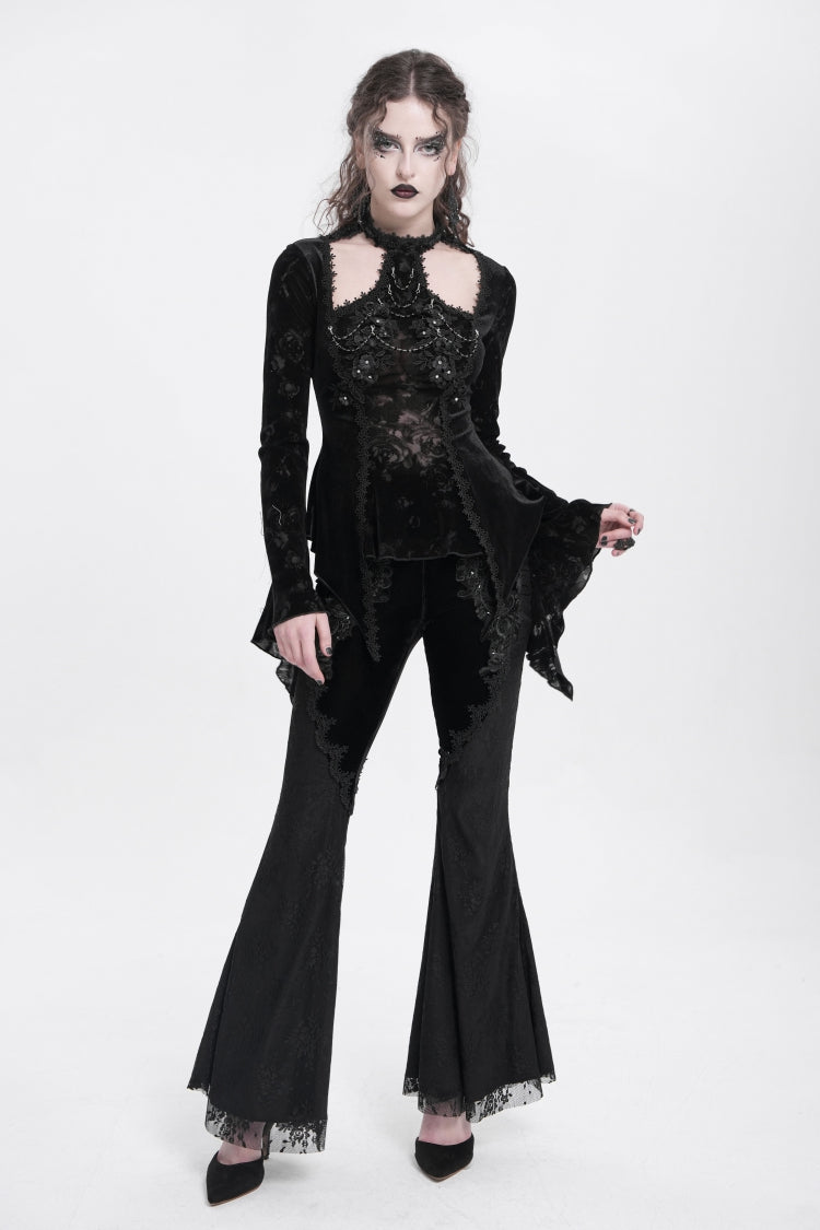 Graceful Black Jacquard Embroidered Trumpet Sleeve Halter Gothic Blouse