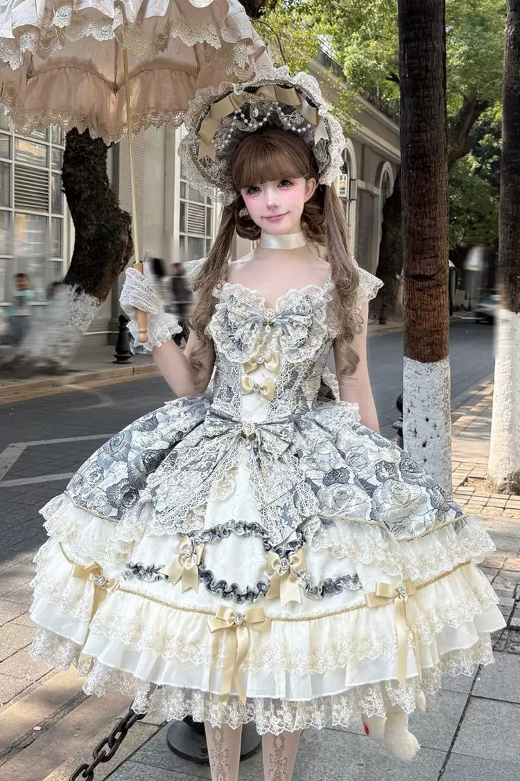Elegant Square Neck Sleeveless Embroidered Lace Sweet JSK Dress - Gilded Waltz