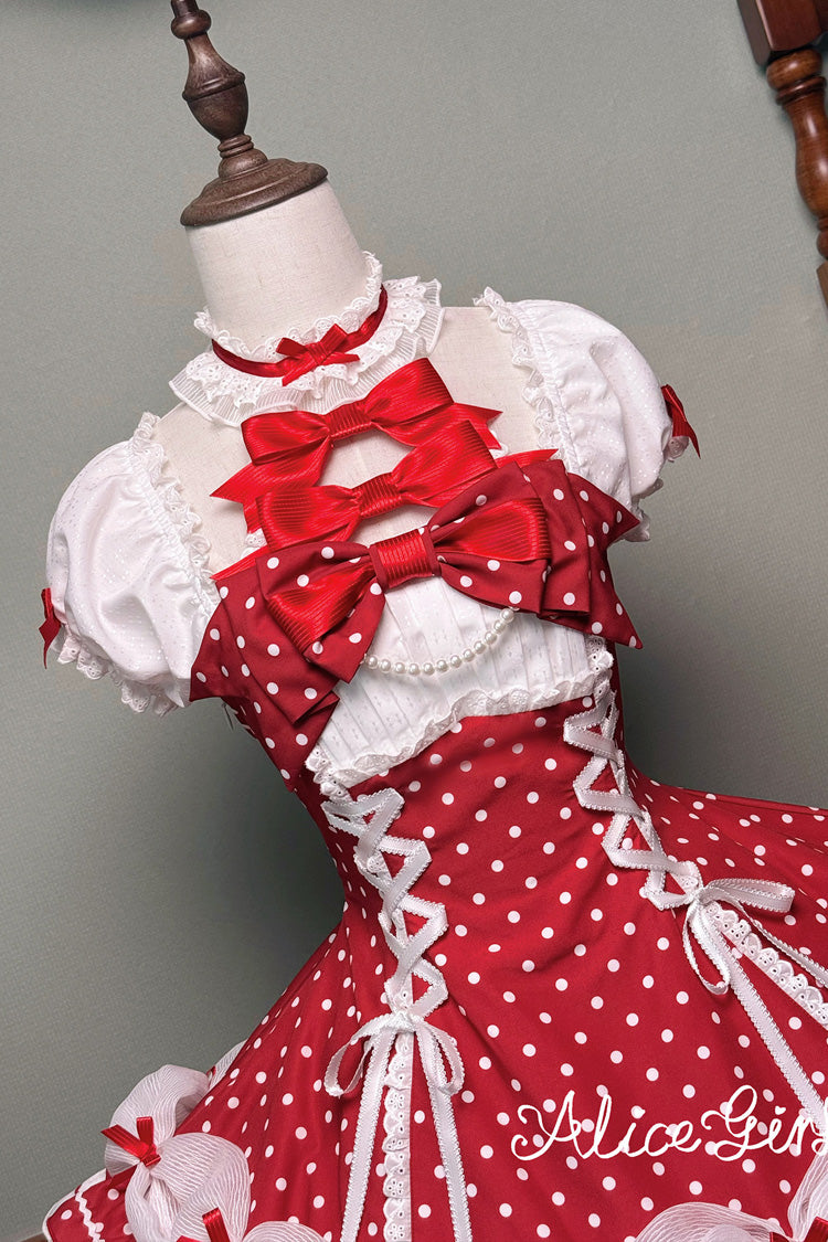Wine Red Halterneck Short Sleeve Triple-Layered Polka Dot Bow Lace-Up Sweet Dress