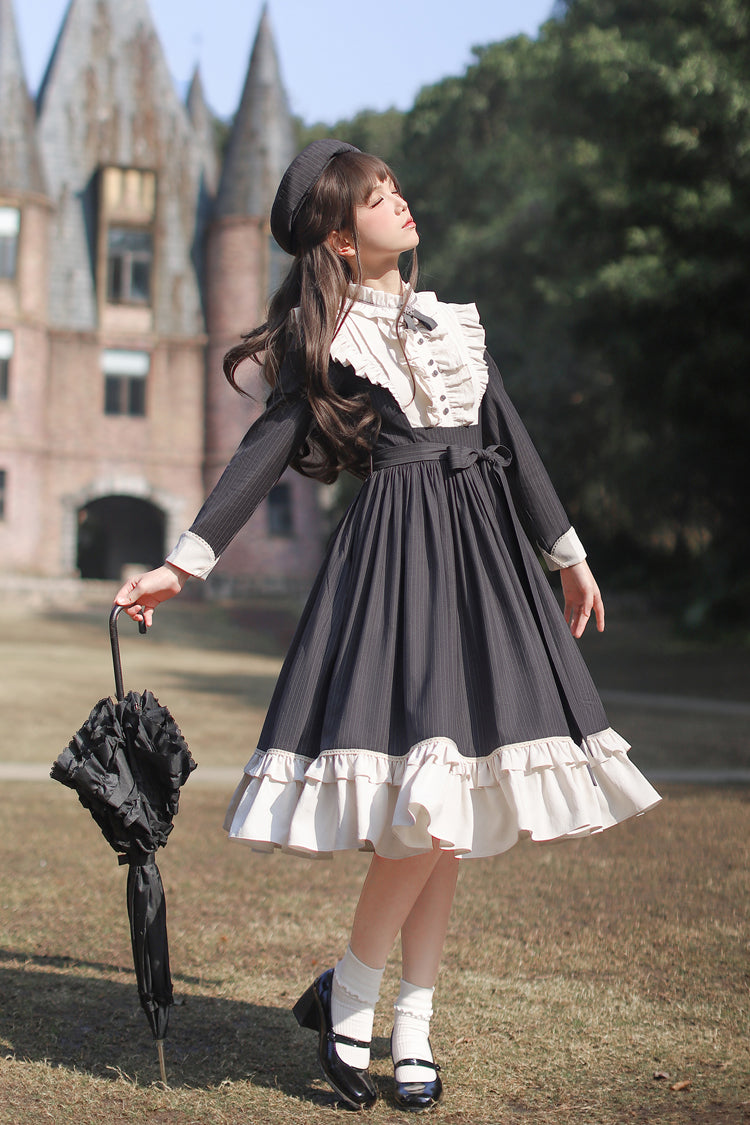 Striped Ruffle Bowknot Long Sleeve College Style Lolita Dress Dark Blue