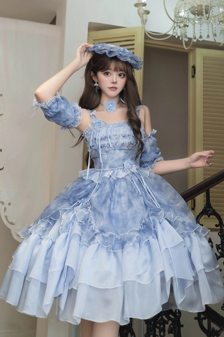 Goodnight Camellia Sleeveless Ombre Multi-Tiered Printed Ruffled Lace Fishbone Sweet Lolita Jumper Dress Three Colors