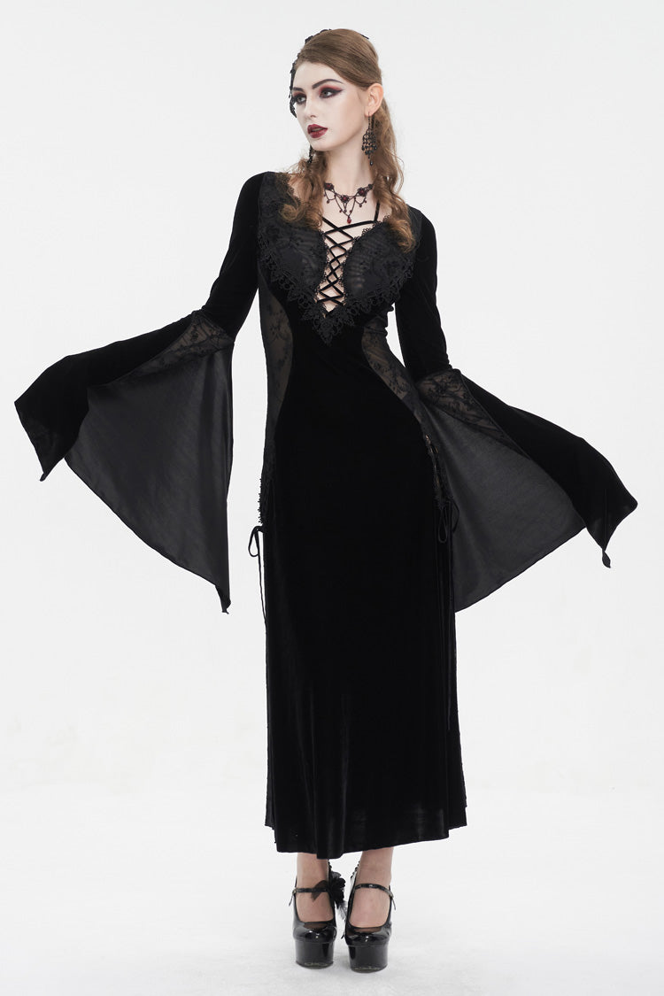 Onyx Velvet Mesh Panel Gothic Maxi Dress for Women