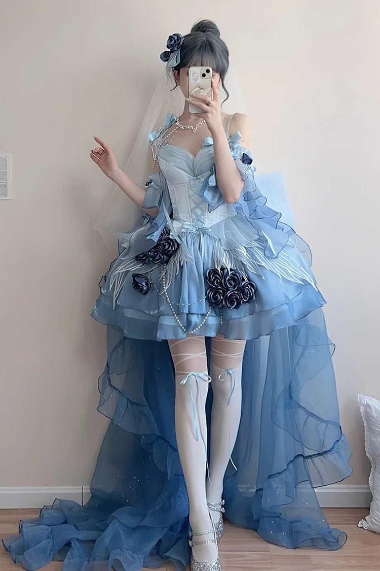 Sky Blue Swan Wonderland Embroidery Bowknot Lace-Up Ballet Jsk Dress Short