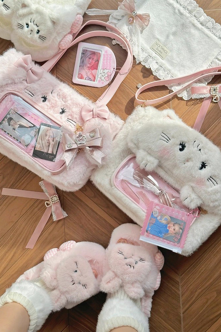 Cute Bow-Trimmed Bunny and Cat Plush Ita Bag in Two Colors