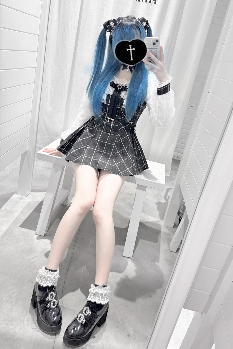 Gothic Square-Collar Print Bow Lace Pearl Jirai Kei Dress with Shorts