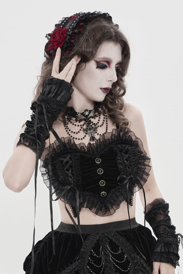 Dark Ruffled Corset with Bow Accents and Off-Shoulder Design