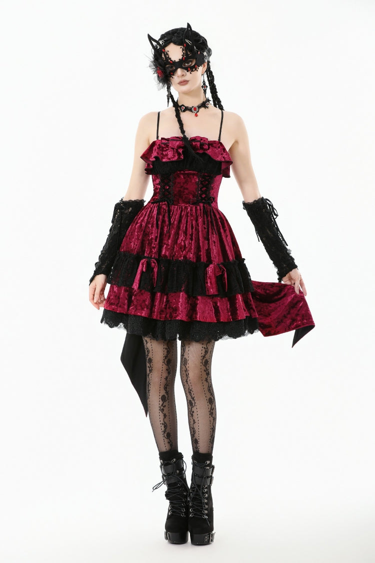 Wine Red Velvet Corset Mini Dress with Pointed Tail