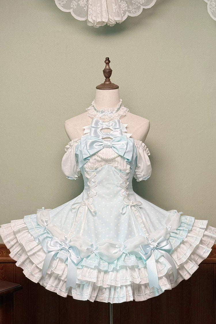 Blue Halterneck Short Sleeve Triple-Layered Polka Dot Bow Lace-Up Sweet Dress