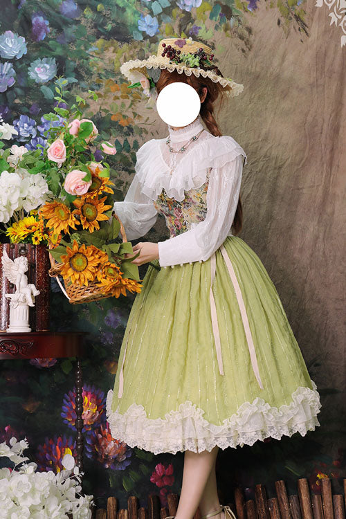 Green Tulip Multi-Layer Ruffled Classic Lolita Skirt Dress - Altfashion Shop