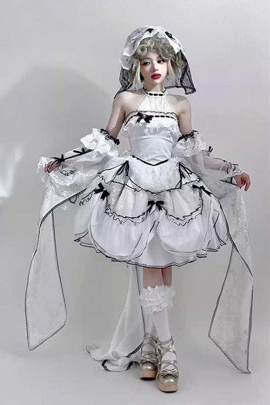 Ivory Plus Size JSK with Ruffled Hem and Bowknots - Cascade Poem